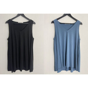 Peruvian Connection L Flowy Tank Tops Lot of 2 Black & Blue V Neck Swing Shirts